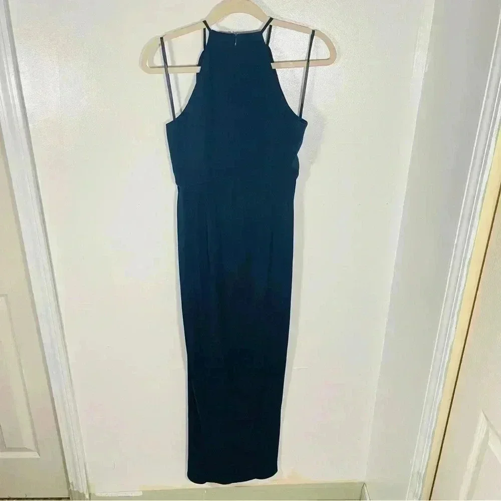 NWT Shona Joy High Neck Ruched Draped Maxi Dress Navy Blue